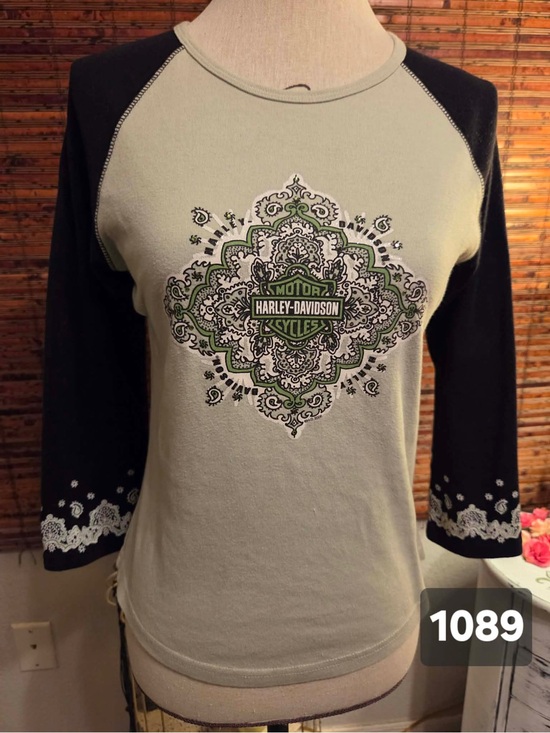 Harley-Davidson Tops - Harley-Davidson Green and Black Raglan Medallion Long Sleeve Tee